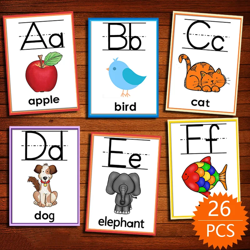 Flash com Animais Cartões de Palavra Educativos para Crianças Auxiliares de Ensino Alfabeto Inglês Aprendizagem Cartão Cedo Brinquedos Professor 26