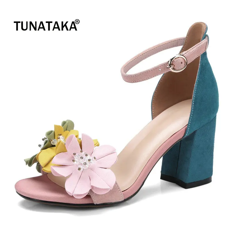 

Suede Comfort High Heel Open Toe Woman Sandals Fashion Flower Party High Heel Shoes Woman Pink