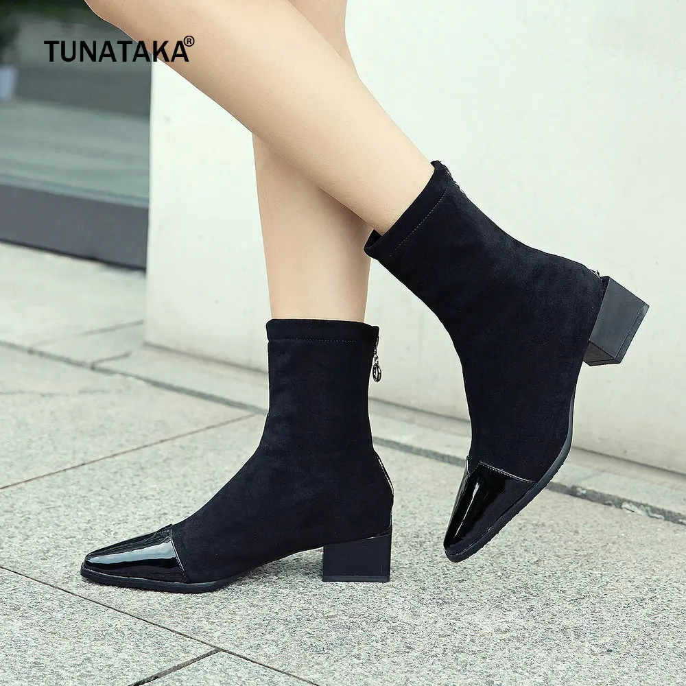 

Women Fashion Square Toe Boots Thick Heel Ankle Boots Zipper Flock Leather Winter Ladies Shoes Black Pink Wine Red 2018 New