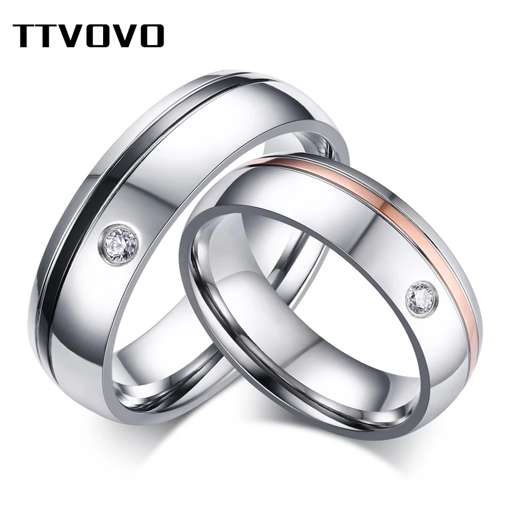 

TTVOVO Wedding Rings for Men Women 6MM AAA CZ Stone Romantic Lover Stainless Steel Couple Promise Engagement Bands Party Jewelry