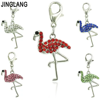 

JINGLANG 12 pieces/Lot Lobster Clasp Charms Dangle Rhinestone Flamingo Animals Charms DIY Pendant Jewelry Making Accessories