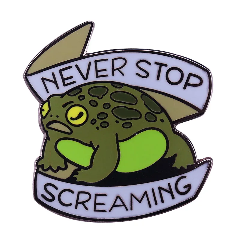 

Never stop screaming toad brooch rain frog pin powerful peeper badge pop culture jewelry