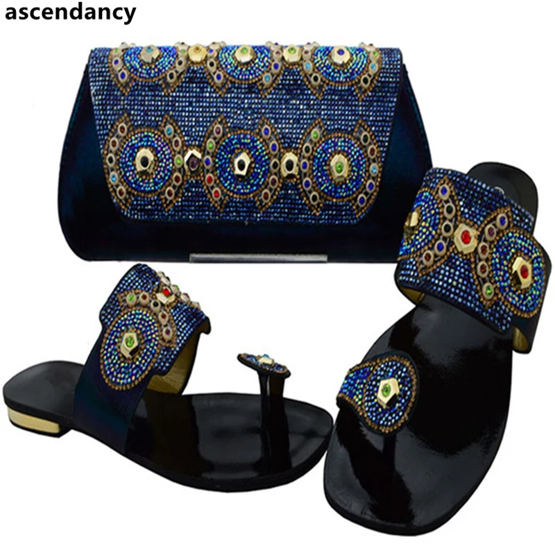 

D Blue Color Italian Shoes and Bags Set Decorated with Rhinestone Low Heels Women Wedding Shoes and Bag Set High Quality Shoes