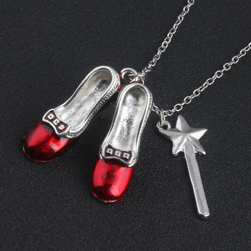 

HOT SALE Wizard of Oz Alice in wonderland Sexy Red Shoes and Magic Wand Stars Charm necklace pendent Girls and women jewelry