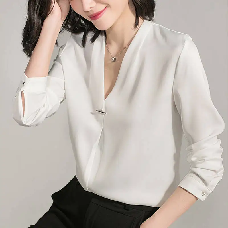 

2019 Spring New Hot Solid Color V Neck Long Sleeve Shirts Plus Size Shirt Chiffon Blouse Shirt Women's Casual Loose Blouses