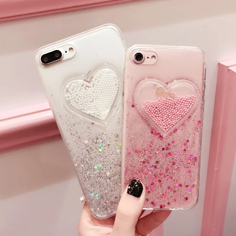 

Particles quicksand Glitter Phone Cases For iPhone 7 7 plus Protective Liquid Cover For iPhone 6 6s Plus 8 X Love heart
