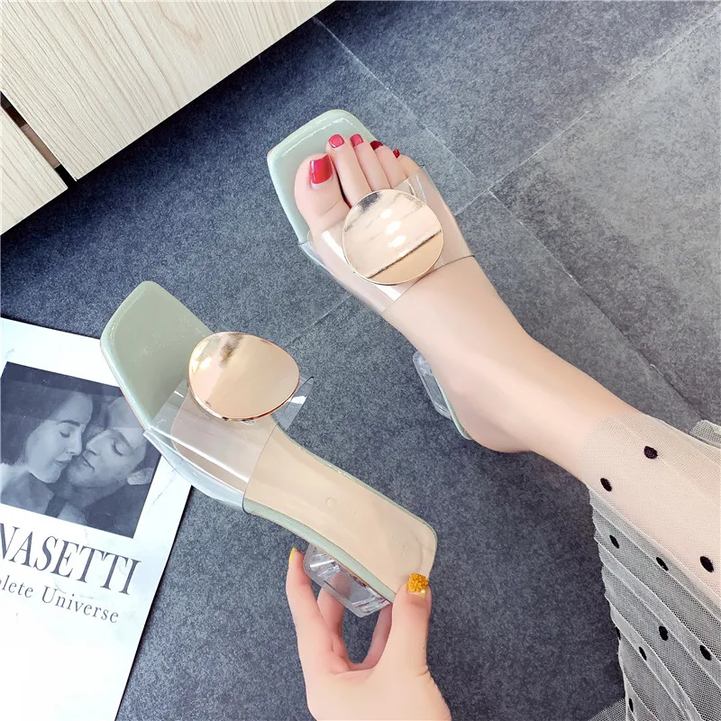 

Summer Ladies Modis Brief Chunky Heel Outside Slippers Pvc Low Wedge Shoes Woman Heels String Female New 2019 Clear Slides