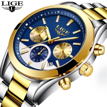 

New Luxury Brand LIGE Men Gold Watches Men's Waterproof Stainless Steel Quartz Wristwatches Male Clock Relogio Masculino