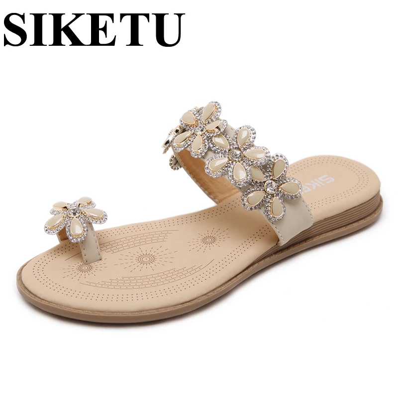 Color 2017 Piso Comfort Siketu Zapatos Verano Plana Mujer Sandalias Llegada Flor Bohemia negro Moda Rhinestone Nueva Apricot Playa AqwEpa