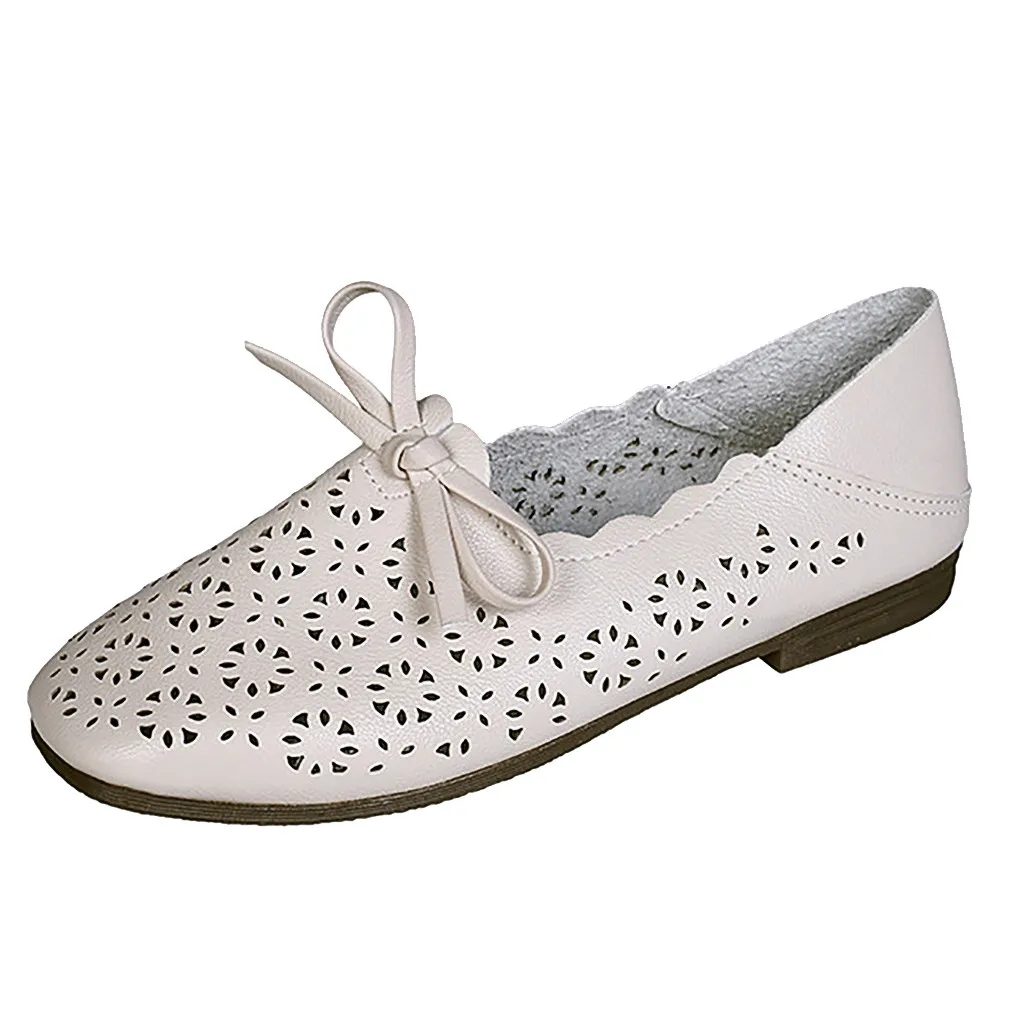 

Breathable Genuine Leather Summer Shoes Woman 2019 Flat Low Heel Bowknot Hollow Out Leather Slip On Shoes For Women Soft #373