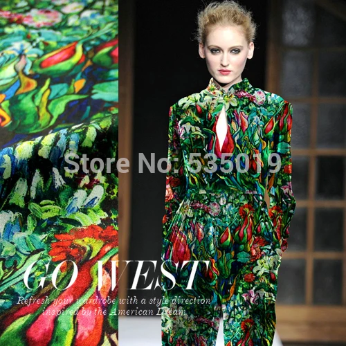 

High Quality 2018 autumn and winter silk material clothes satin silk fabric green flowers printed elastic 97% silk satin fabric