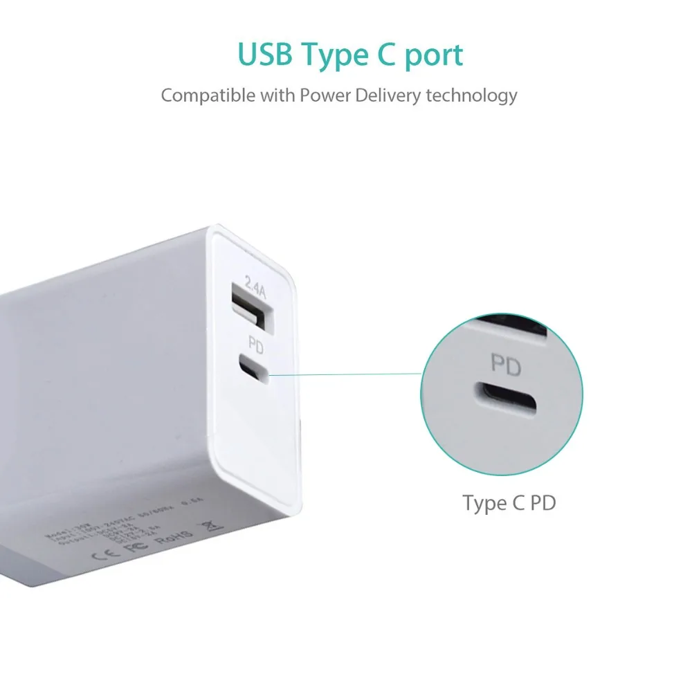 SOONHUA Portable USB PD Charger Type C Power Delivery QC 3.0 Quick Charging Adapter Travel Wall Charger With Smart Protection