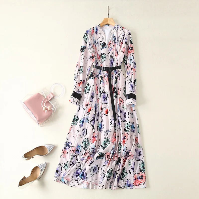 

2019 Spring Women Runway Brand Long Sleeve Dresses Female Elegant Print V-neck Belt Pleated Midi Dress Jc3144