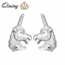 

QIMING Silver Detailed Unicorn Stud Earrings Girls Party Gift Cute Lovely Horse Charm Summer Post Gold Earrings Women Jewelry