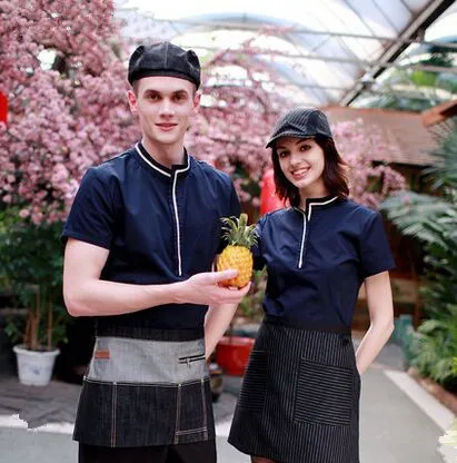 dark blue short sleeve waiter uniform restaurant clothes summer tops hotel waitress work wear |