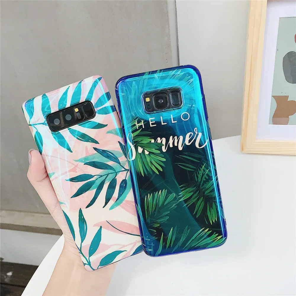 Blu-Ray Retro Leaf Couple Phone Case For Samsung Galaxy Note 8 9 S7 Edge S8 S9 Plus Summer Plants Soft IMD Glossy Back Cover |