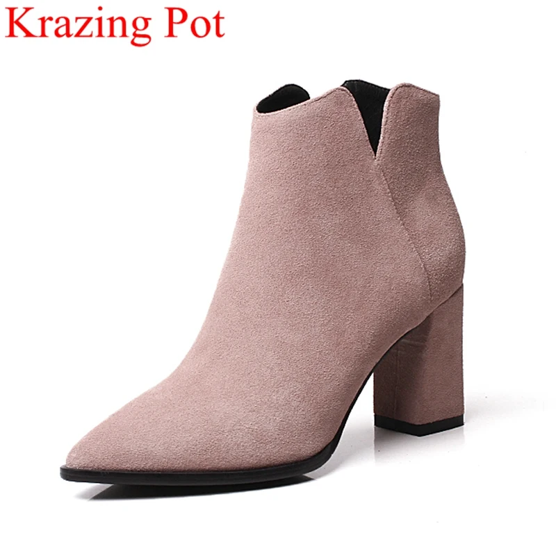

2018 new arrival cow suede pointed toe high heels women ankle boots zipper black solid mujer vacation elegant winter shoes L22
