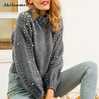 

Chic White Beading Women Sweaters And Pullovers Elegant Lantern Sleeve Ladies Autumn Winter Women'S Sweater Grey Sueter Mujer Xl