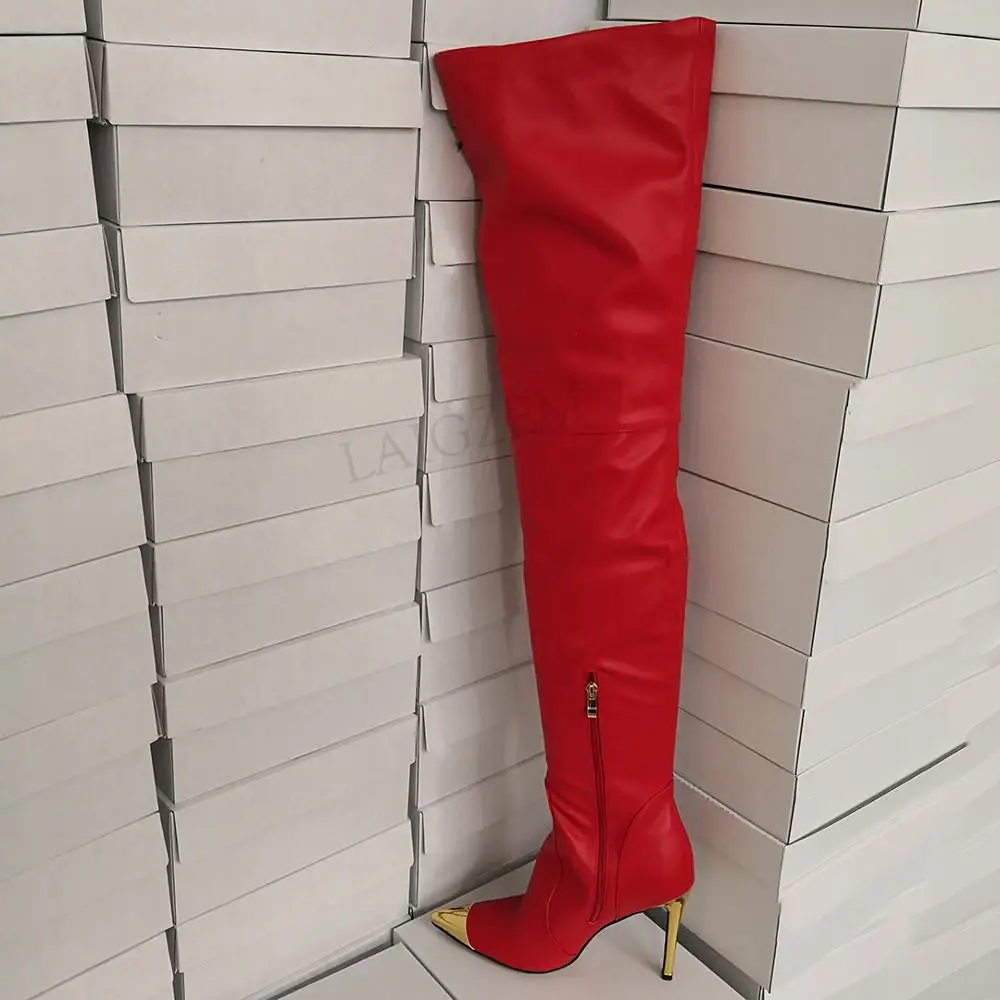 LAIGZEM NEW Women Thigh High Boots Gold Pointy Toe Stiletto Heels Zipper Tall High Boots Party Show Botines Mujer Big Size 4-14 (3)
