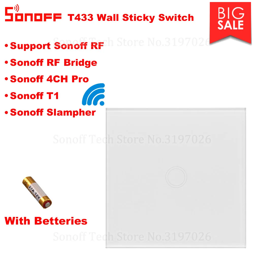 

Itead Sonoff T433 86 Wall Panel Sticky 433MHz Wireless RF Remote 1 Gang For Sonoff T1 RF Bridge 4CH Pro R2 Like 2 Way Controlled