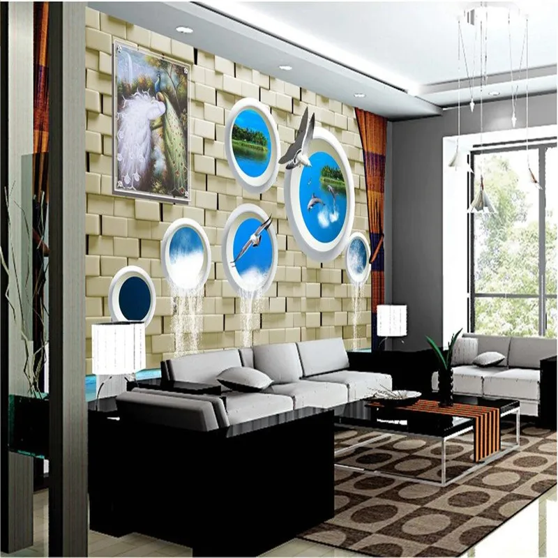 

Modern Background Large Painting Peacock bricks Dolphins Murales De Pared 3d Wallpaper Hotel Badroom Mural for Living Room