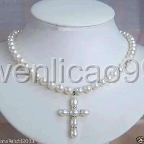 

JEWELRY 7-8MM PEARL AND PEARL CROSS PENDANT NECKLACE
