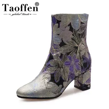 

TAOFFEN 2020 Fashion Embroidery Women Ankle Boots Zipper Round Toe Thick Heels Shoes Ethnic Style Women Footwear Size 33-43
