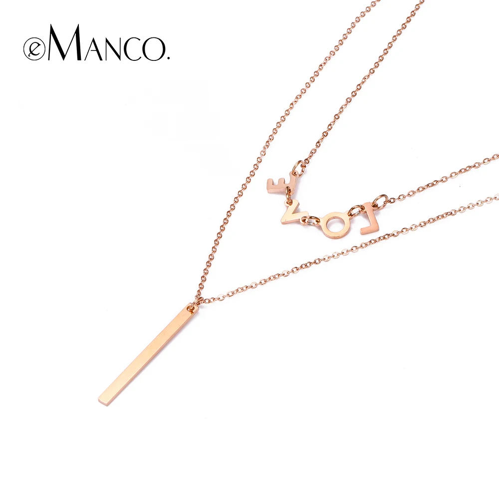 eManco Layered Necklace Rose Gold Color Stainless Chain With Letterring Geometric Pendants Short Statement Necklace For Women