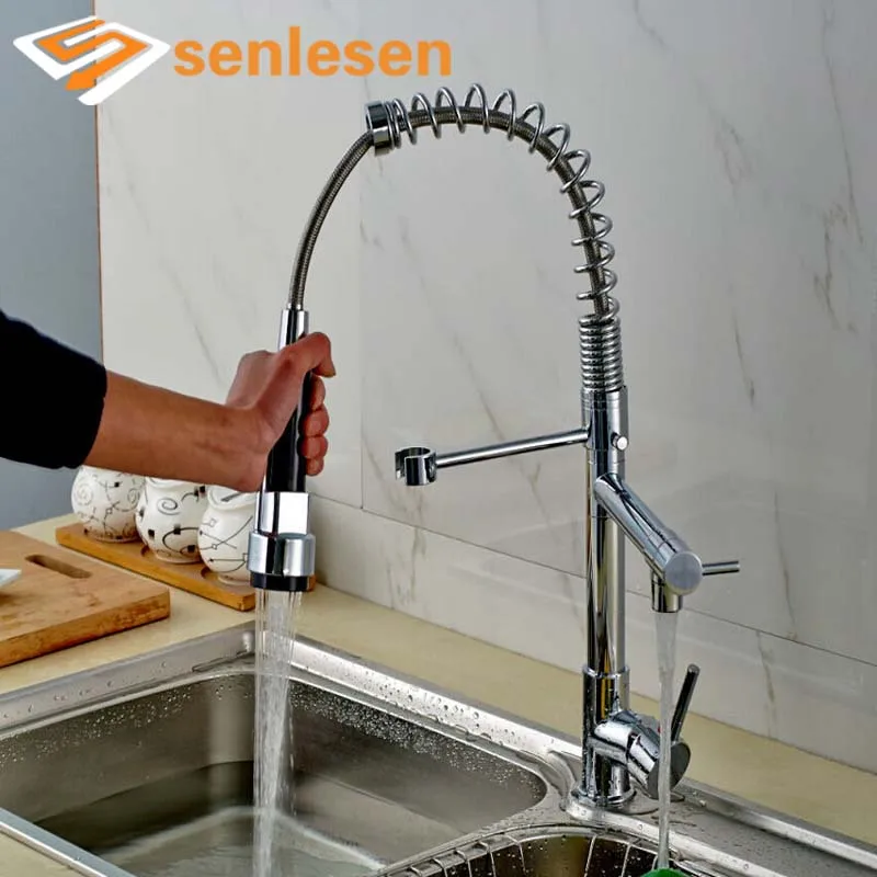 Promotion Spring Kitchen Faucet Dual Spout Swivel Sprayer Single Handle Hole Mixer Tap Chrome Finish swivel spout deck mount kitchen spring mixer faucet single handle dual sprayer nozzle water taps chrome finish