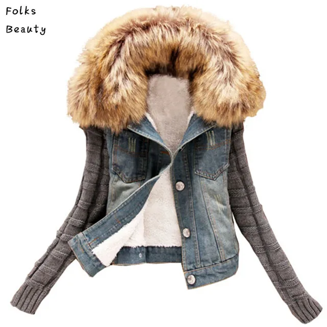 2017 New women's Autumn Denim Jacket Women winter Coat slim yarn large fur collar lamb cotton denim outerwear jeans 4XL