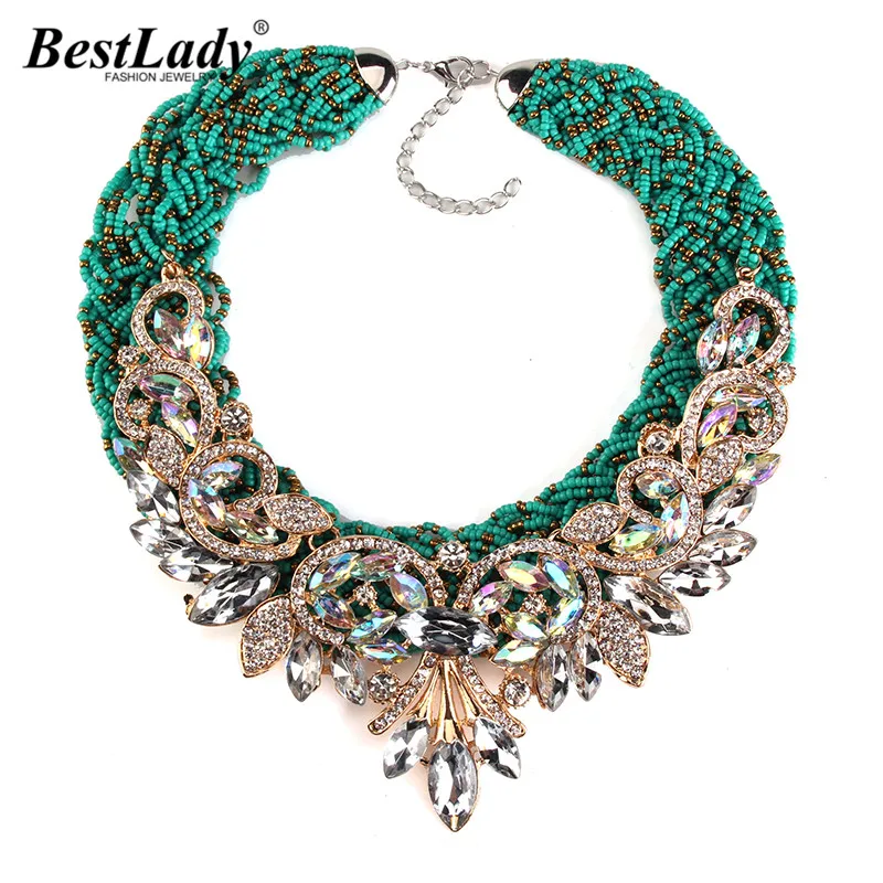 Koop Beste lady Overdreven Vintage Bohemen Bib Kralen Groen Touw Luxe Kristal Bloem Maxi Strass Bijoux Verklaring Ketting 2865