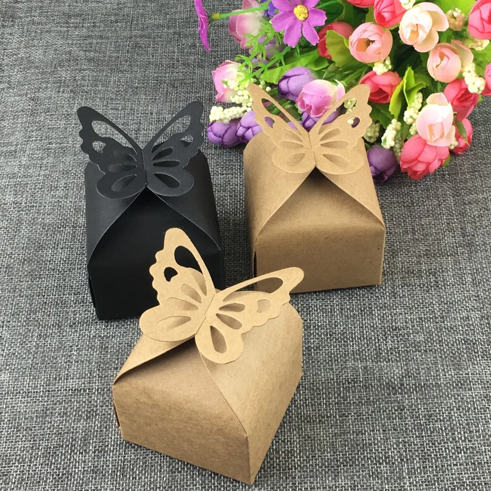 

24Pcs 6x6x7cm Butterfly Sealing Kraft Paper Box for Weeding Candy Cupcake Small Accessory Gifts Storage Box Accept Custom Logo