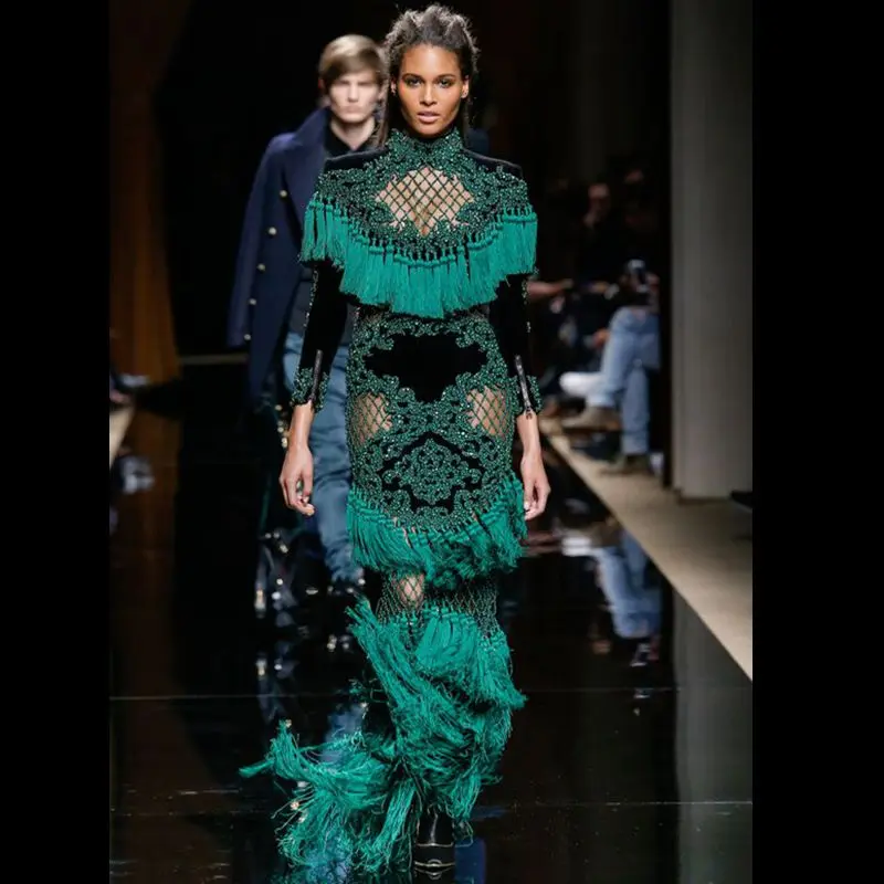 2017 длинный рукав роскошный бренд кисточкой темно зеленый длинное женское платье