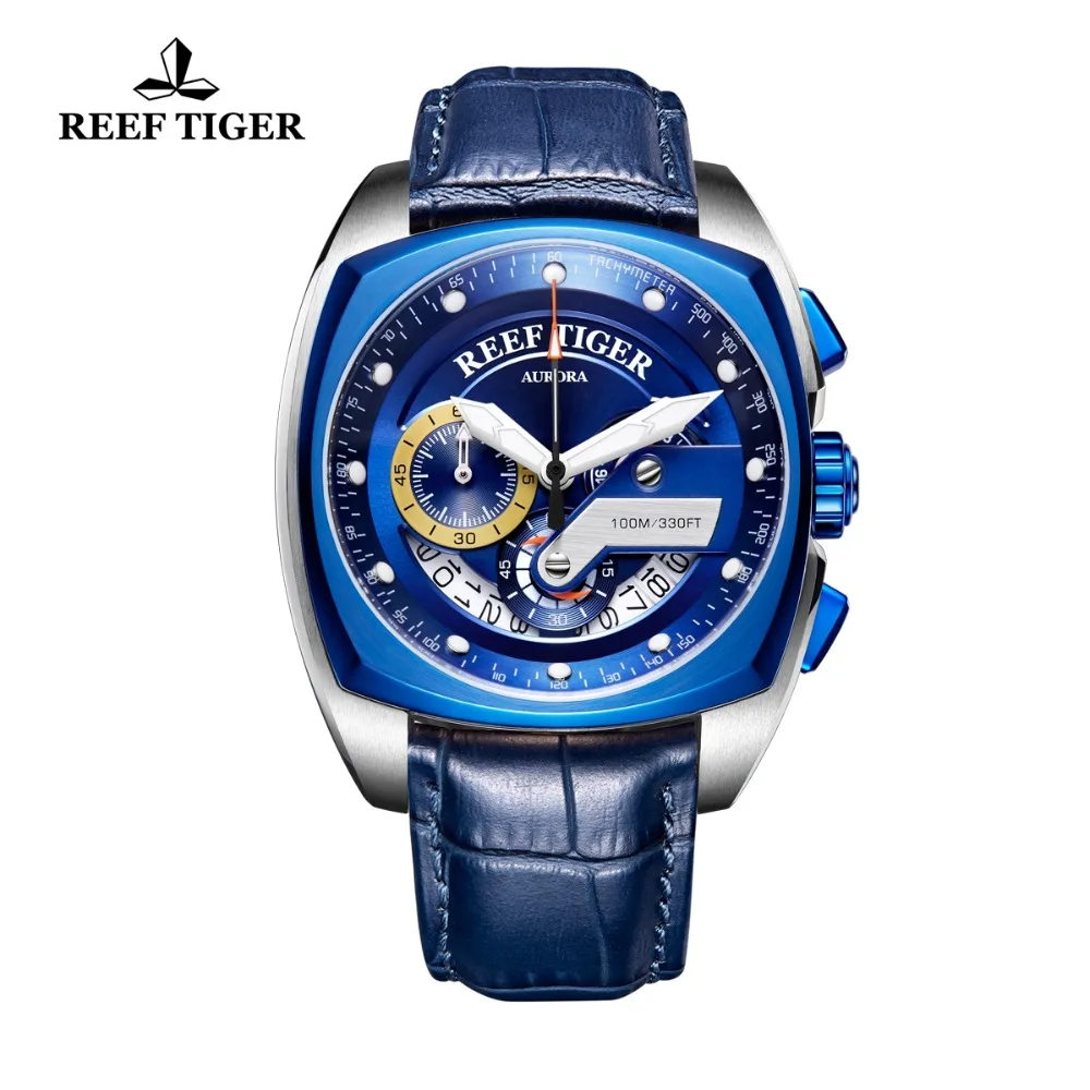 2020 Reef Tiger/RT Top Brand Sport Watch for Men Luxury Blue Watches Leather Strap Waterproof Watch