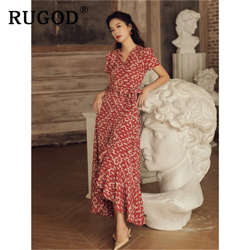 

RUGOD Vintage printed long maxi women dress Elegant ruffles short sleeve ankel-length dresses vestidos Fashion V neck dresses