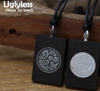 

Uglyless Real S 990 Fine Silver Neutral Design Wood Square Pendant Necklace with Rope Chain Engraved Cloud Ethnic Jewelry Bijoux