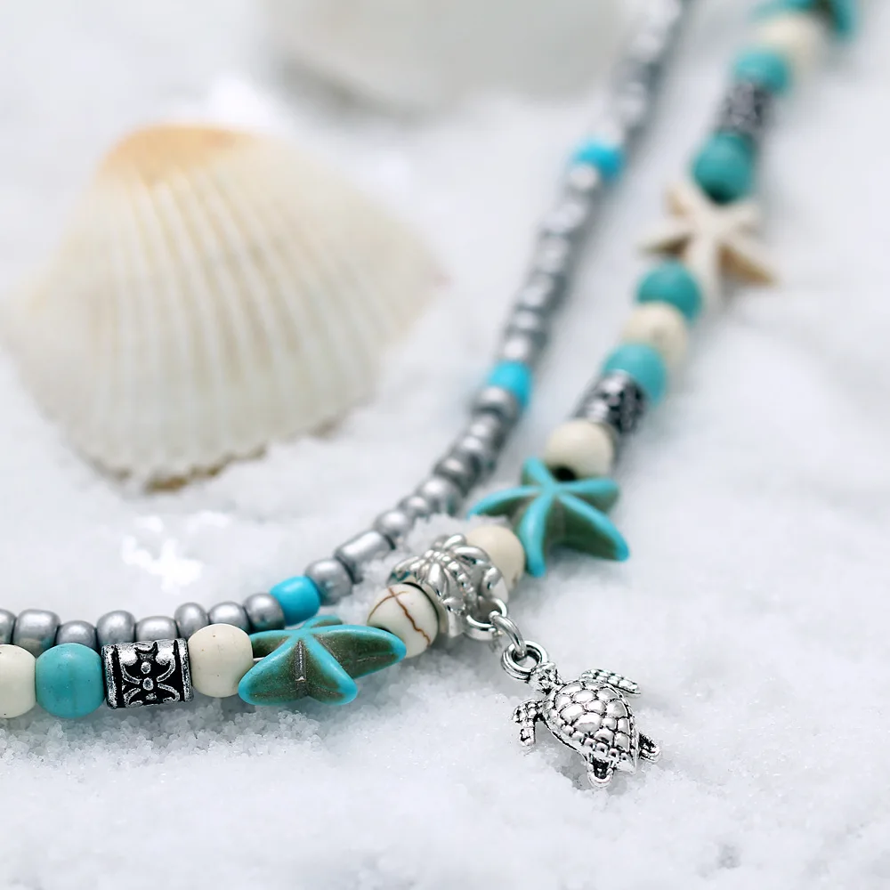 Винтажный анклеты Морская звезда с бисером для женщин многослойный ножной браслет ручной работы богемные пляжные украшения сандалии подарок