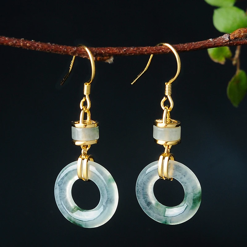 

Natural A cargo ice type floating flower jadeiteearrings Female jade earrings ancient style temperament earrings certificate