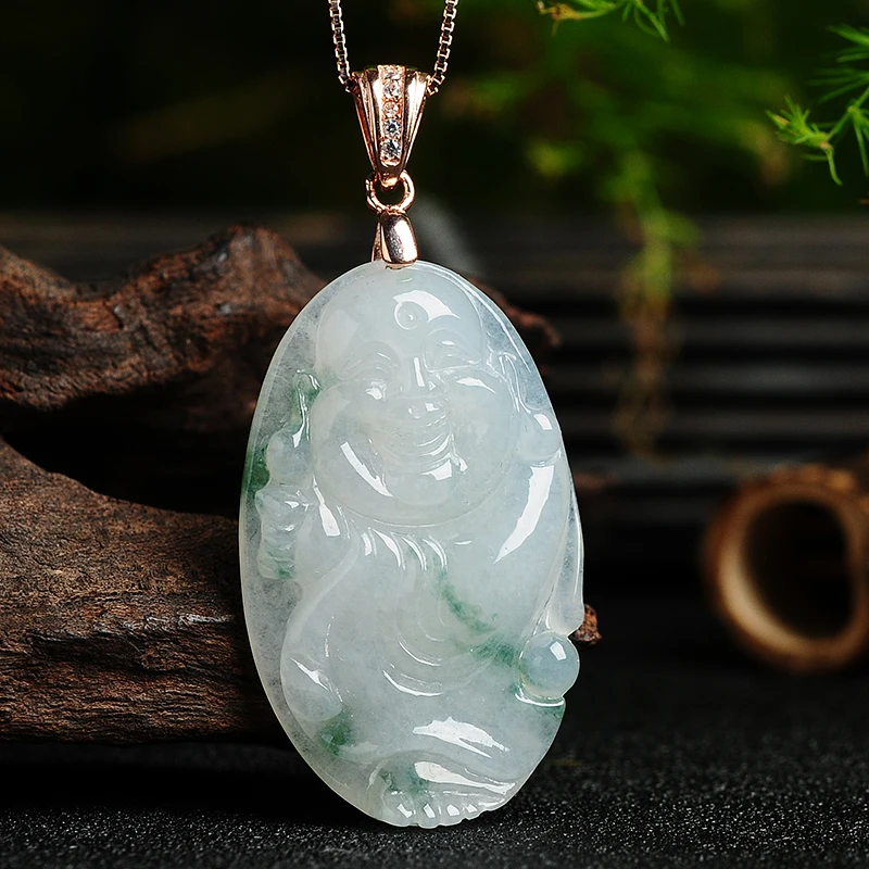 Ice waxy white floating flowers light green jade a cargo jade pendant