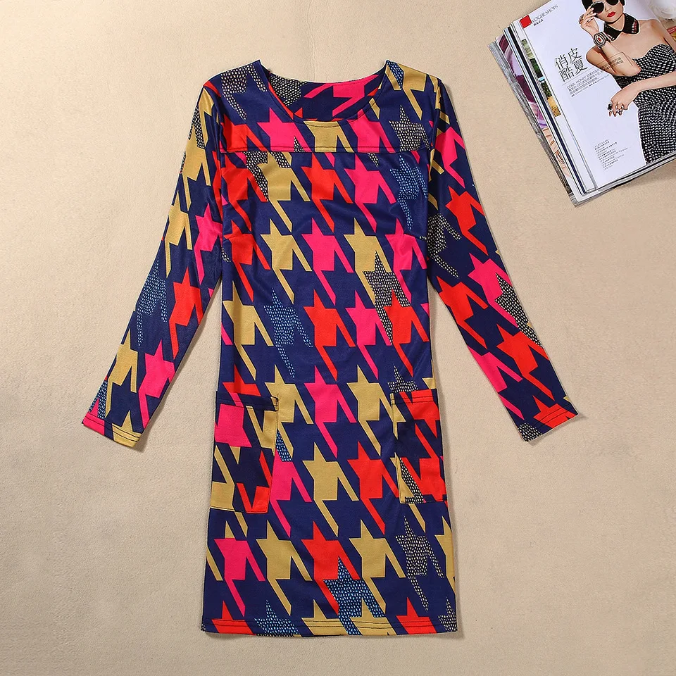 New Women's Summer & Autumn O-neck A-line skirt classic long-sleeved printed dress