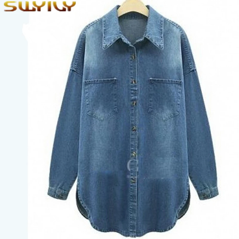 Plus size women denim shirt Classic Loose 5XL long sleeve mid long ...