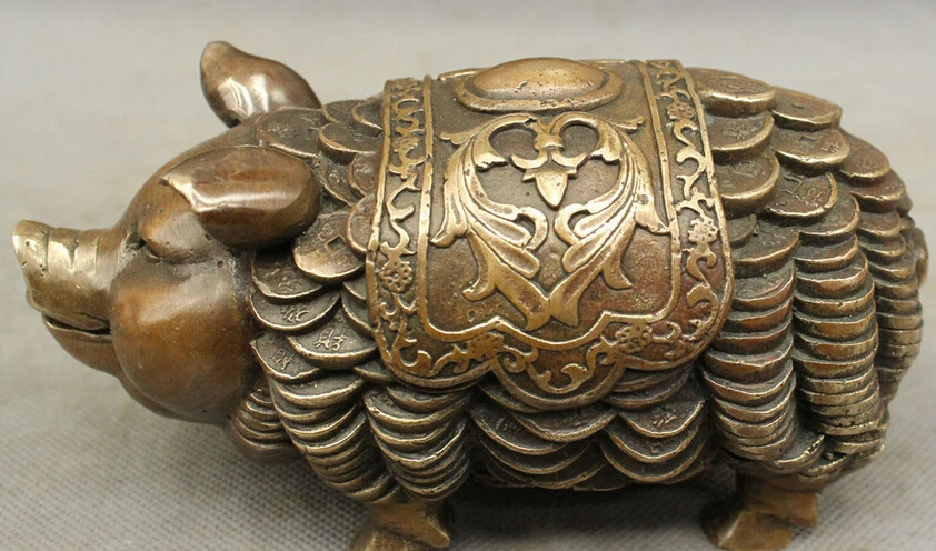 

song voge gem S4497 Folk Chinese Bronze Copper Decorate Art Wealth Coin Year Zodiac Pig Statue Set