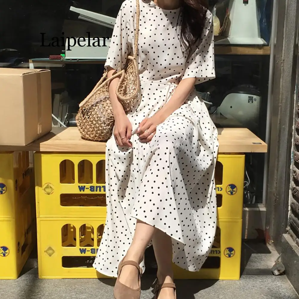 

Laipelar Women Summer Polka Dot Slim Waist Bandage Long Dress Female Vintage with Belt Sundress Robe Longue Femme