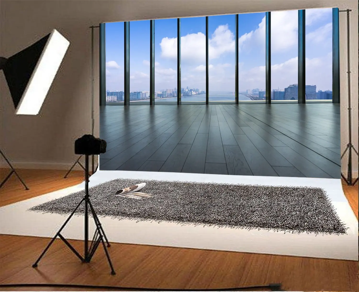 9X6FT Sea View Room Backdrop French Window Skyscraper Backdrops for Photography River New York Cityscape Blue Sky Shabby Wood Floor Interior Vinyl Photo Background Bride Lover Studio Props 