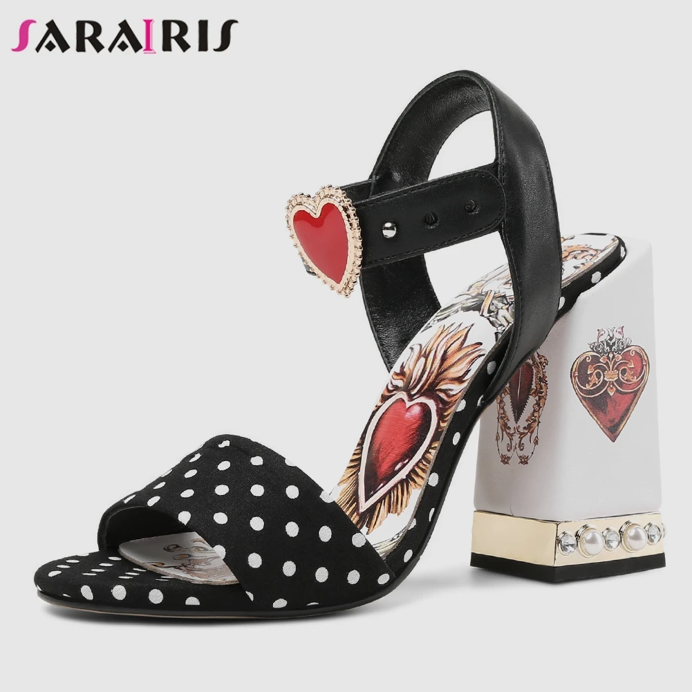 

SARAIRIS New Brand Genuine Leather Sandals Women 2019 Summer Large Size 34-43 Fashion Print Women High Heels Shoes Woman