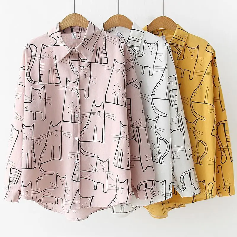 Hot 2019 Cotton Cute Cat Print Loose Casual Ladies Blosues Tops Women Turn Down Collar Long Sleeve Shirt Blouse Shirt silk blouses