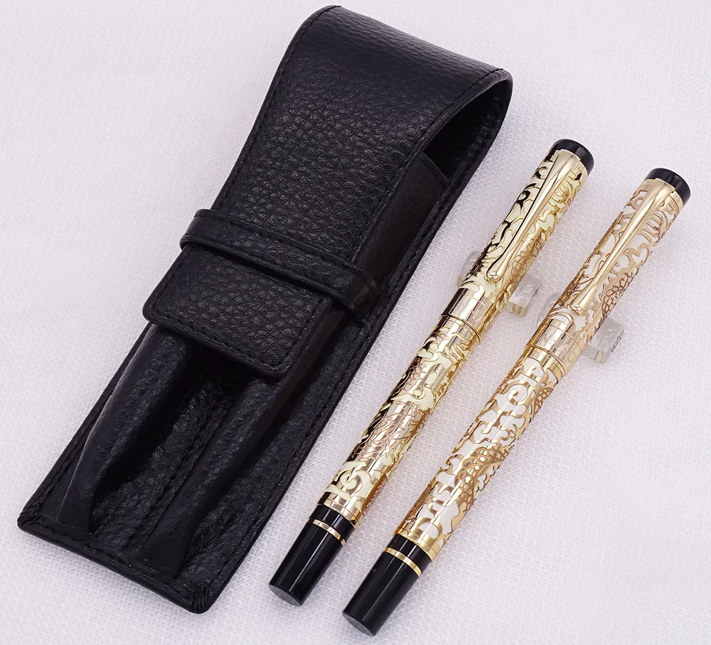 Jinhao 5000 Yellow Golden Fountain Pen & Roller Pen with Real Leather Pencil Case Bag Washed Cowhide Pen Case Holder Writing Set 2023 new arrivel embossing retro technology belts for men genuine cowhide leather belt with v dragon pattern automatic buckle