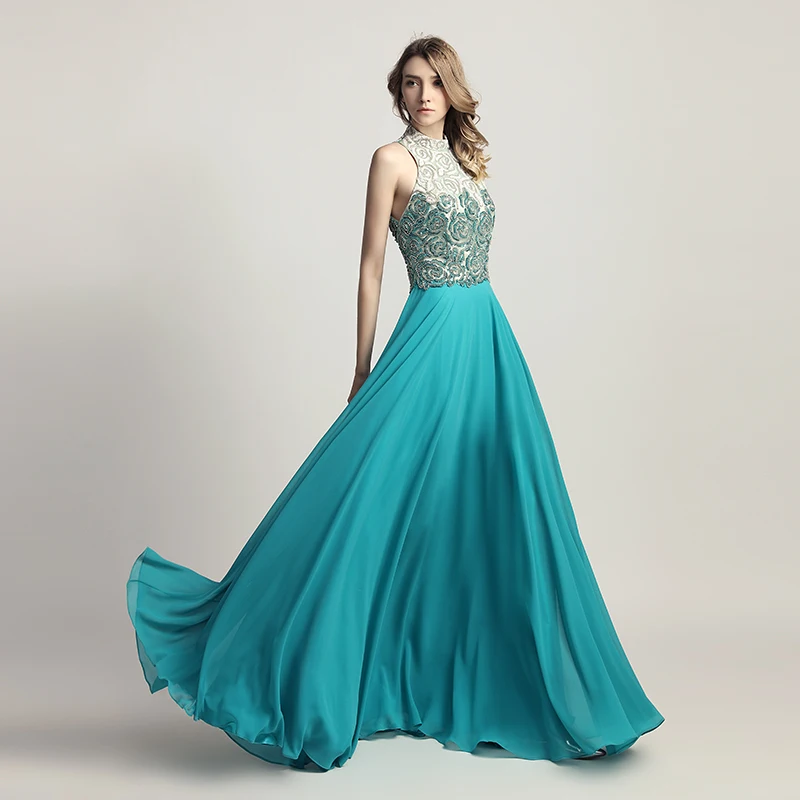 New Arrival Chiffon Black Long Prom Dresses with Full Top Beading High Neck Open Back Formal Evening Wear Cheap Party Gown LX419