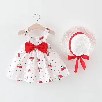 

Toddler Baby Kids Girls Sleeveless Cherry Dot Princess Dresses Bow Hat Outfits 1st Birthday Dress Bebek Elbise Baby Girl Cothes