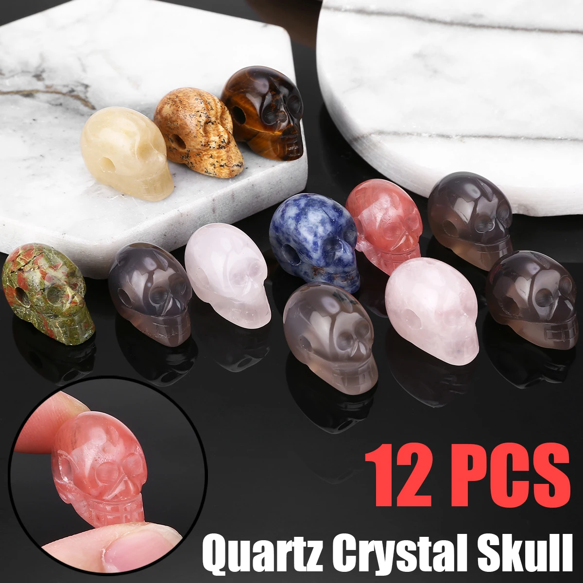 12pcs Natural Quartz Carving Stones For Crystal Skull Reiki Healing Stone Home Decor Collection 12 colors